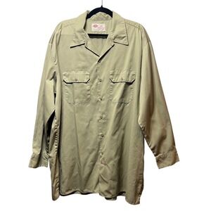 Dickies Work Shirt Long Sleeve Button Up Utility Pockets 2XL Khaki Boxy Y2K